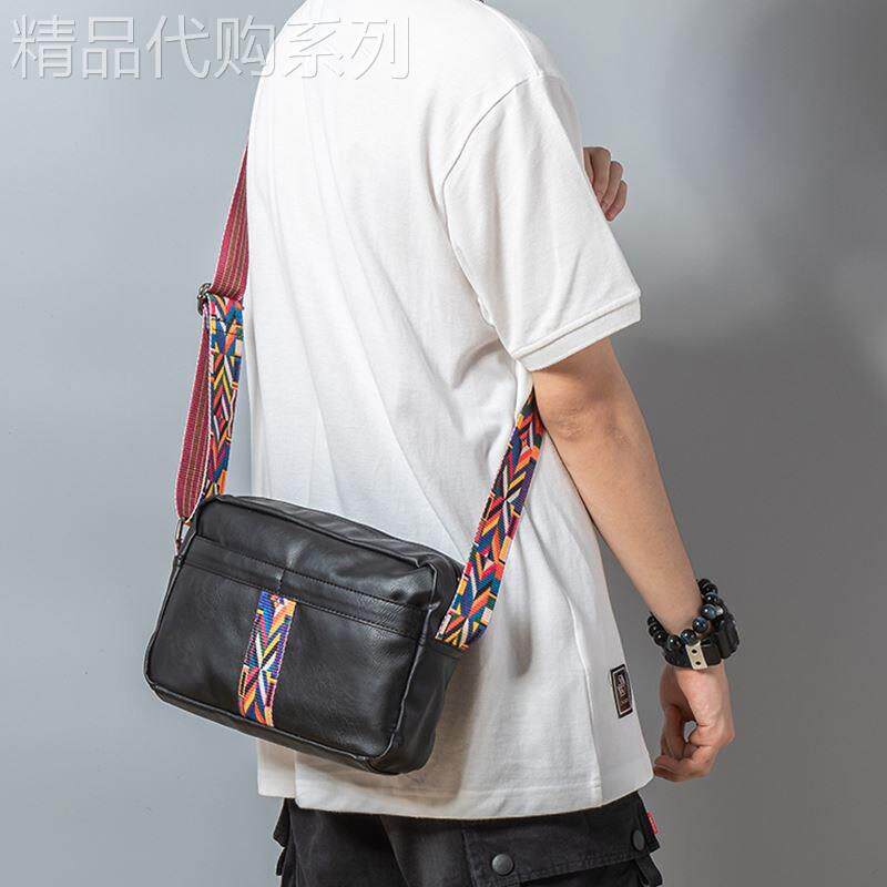 香港MK潮牌斜挎包小背包男士横款男包单肩包真皮休闲彩带背包软皮