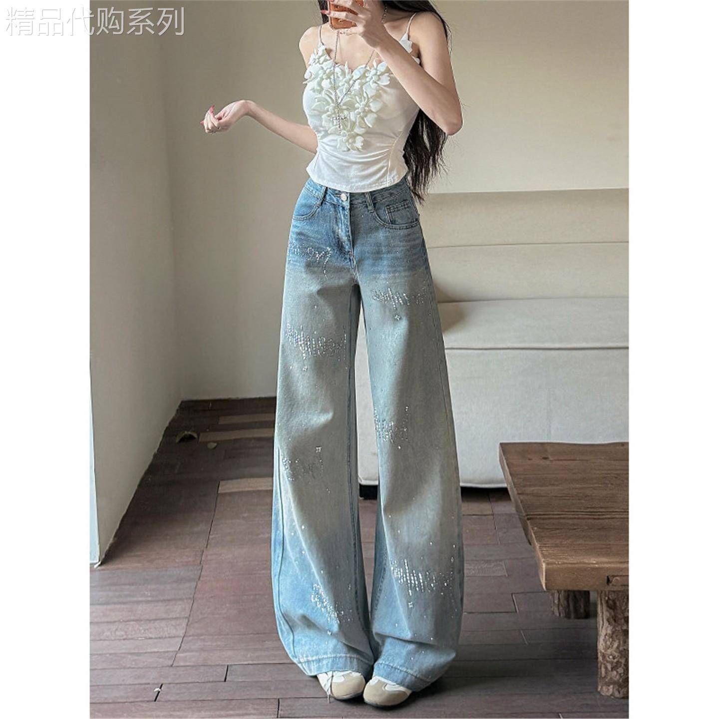 简珀渐层色烫钻阔腿牛仔裤女春夏新款高腰宽松小个子直筒拖地裤潮