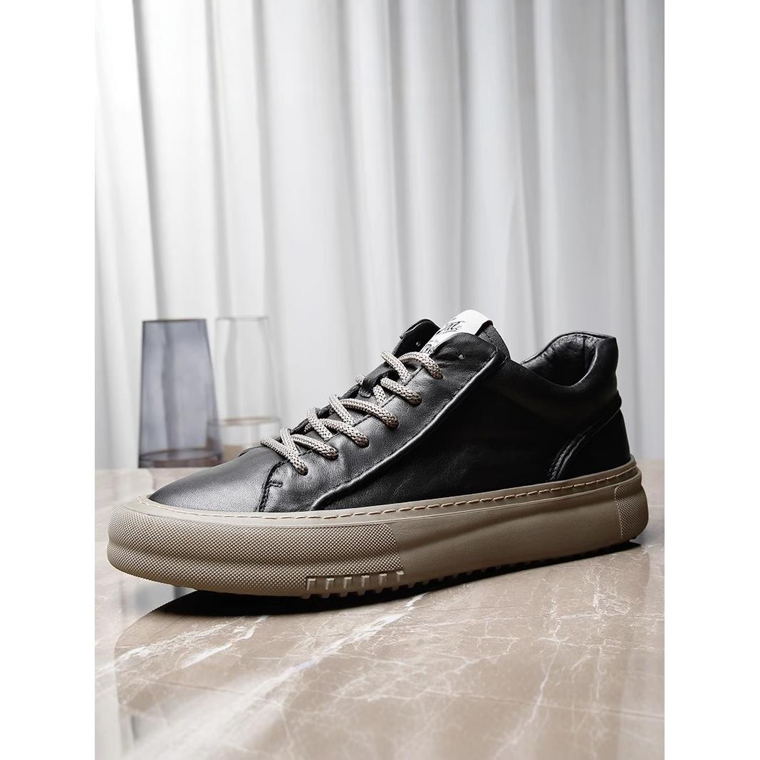 男鞋秋季2025新款真皮厚底防水百搭韩版运动板鞋英伦男士休闲皮鞋