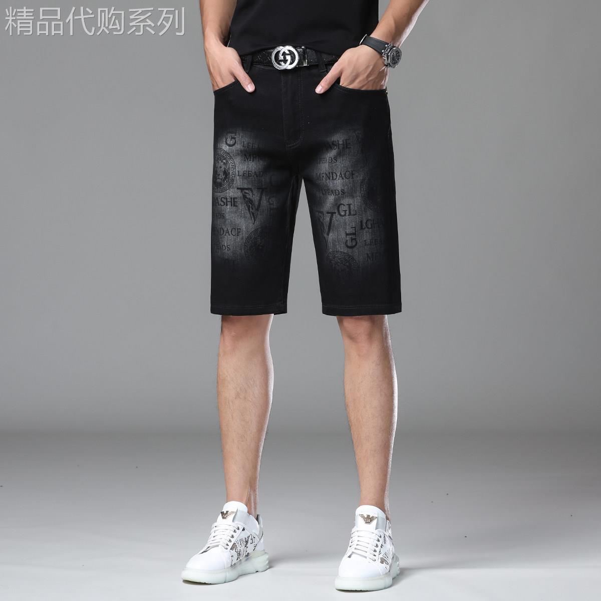 欧货2025夏季高端黑色印花牛仔男士短裤薄款修身直筒弹力五分中裤