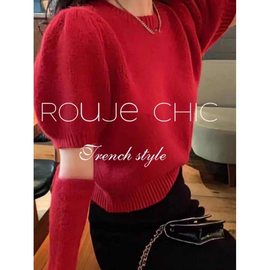 法国rouje chic秋冬季法式喜庆红色设计袖套短款针织衫洋气毛衣女