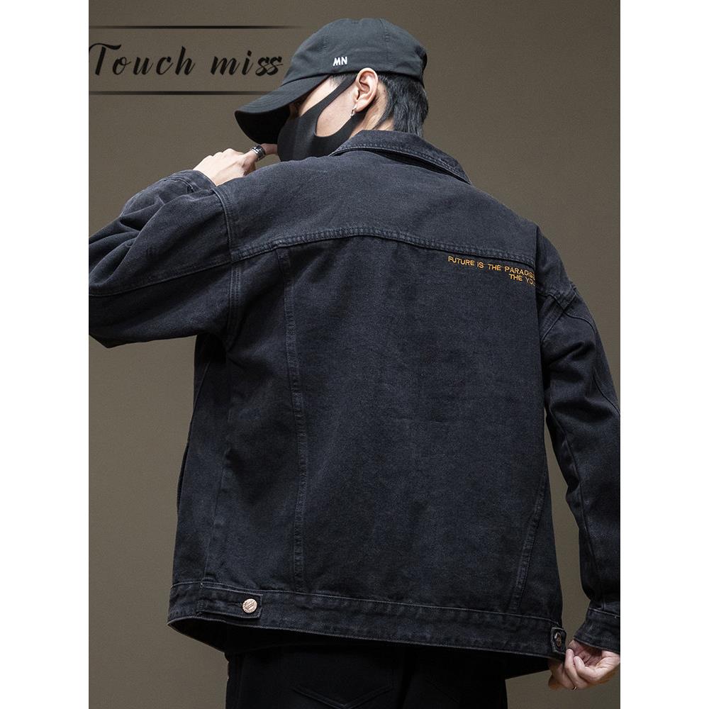 TOUCH MISS2025秋季新款潮牌大码牛仔外套男士翻领单排扣夹克上衣