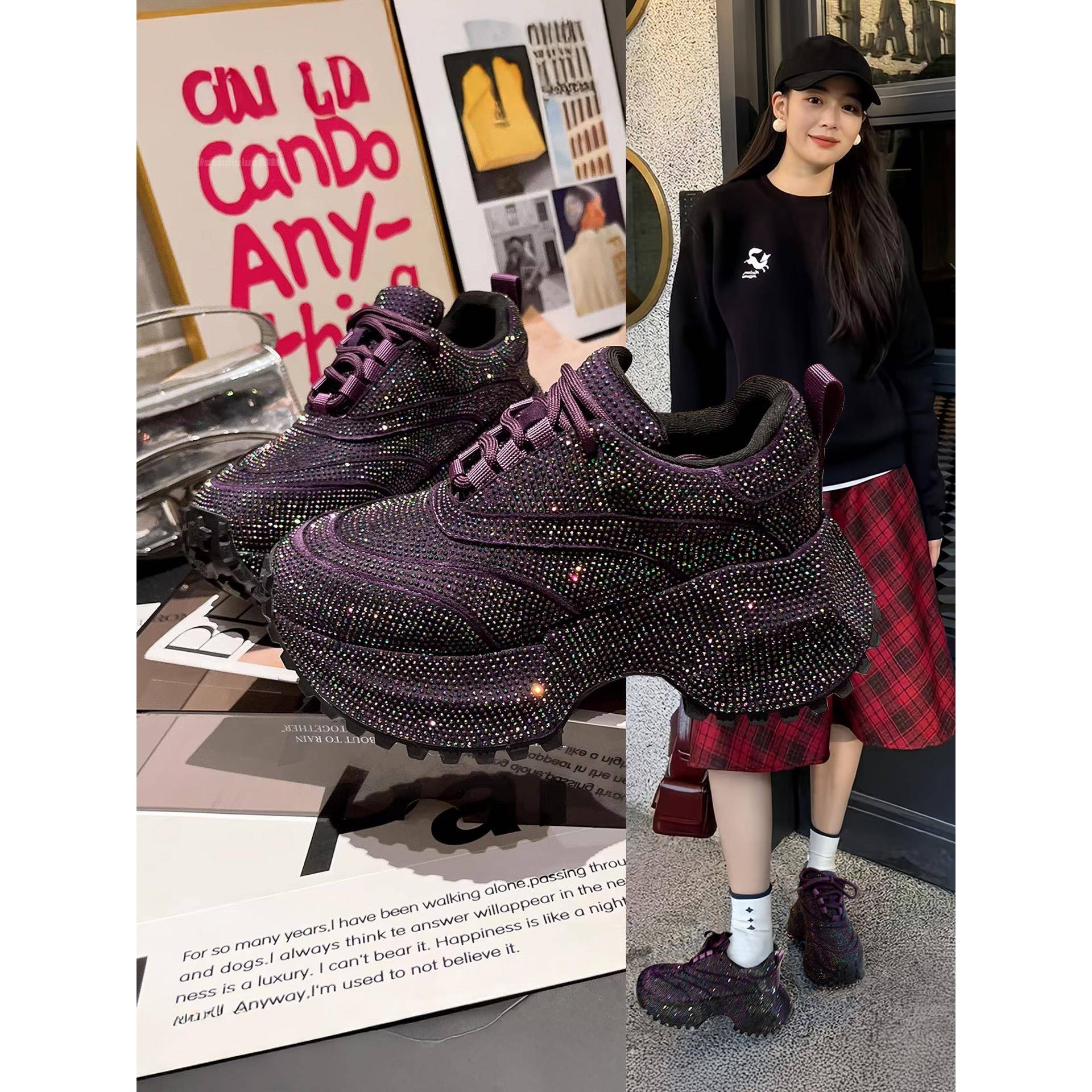 香港水钻满天星老爹鞋女2025秋冬新款厚底松糕运动鞋小个子休闲鞋