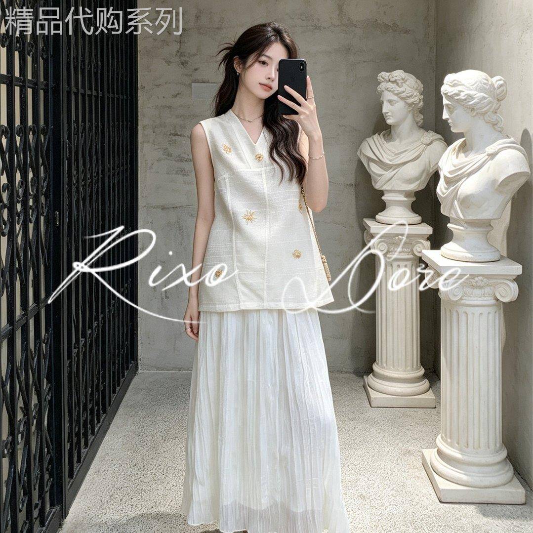 RIXO DORE法式度假风刺绣无袖外搭背心网纱裙两件套温柔气质显瘦