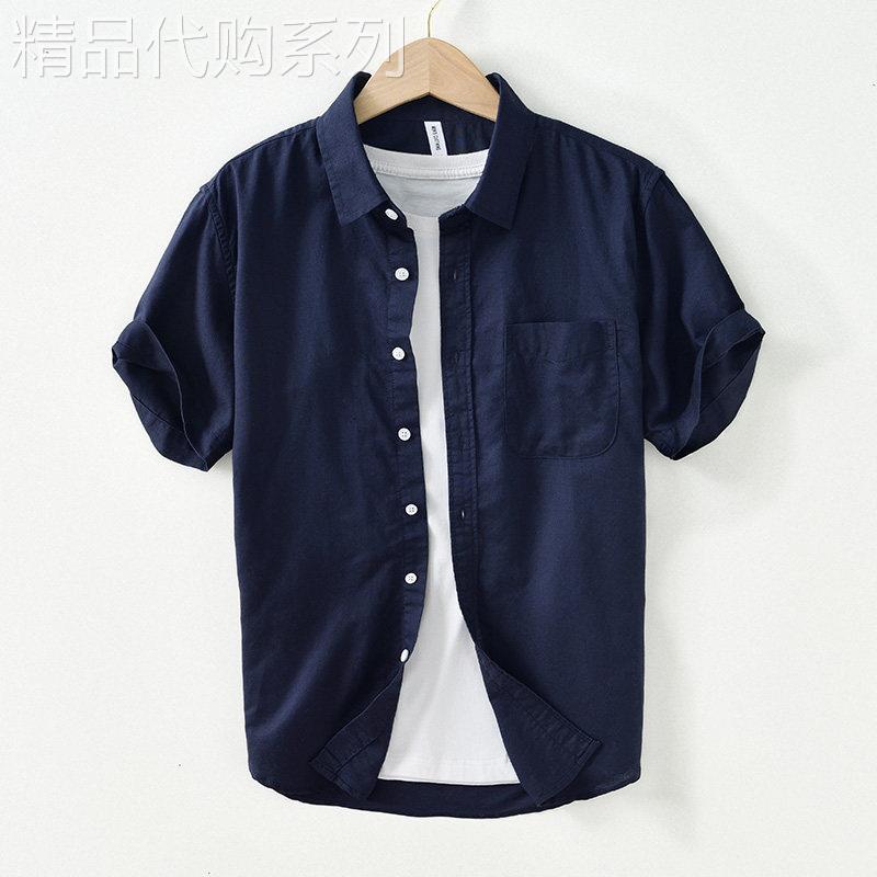 香港简约棉麻短袖衬衣夏季穿搭男士商务休闲薄款深蓝纯色透气开衫