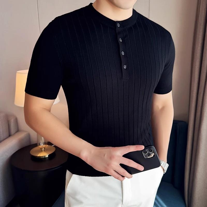 亨利领潮男高级感t恤短袖夏季冰丝竖条纹针织polo衫男款紧身汗衫