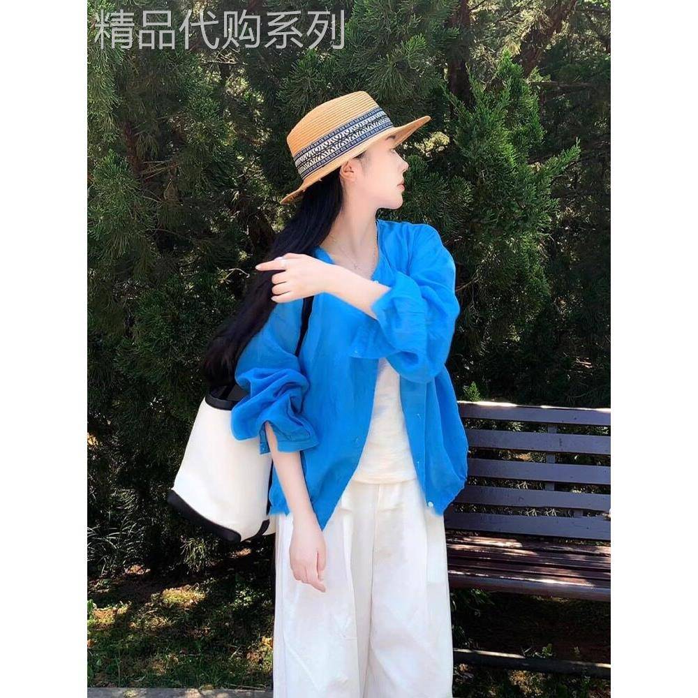 韩系克莱因蓝天丝防晒外套女夏季亚麻衬衣巨好看的防晒衣薄款开衫