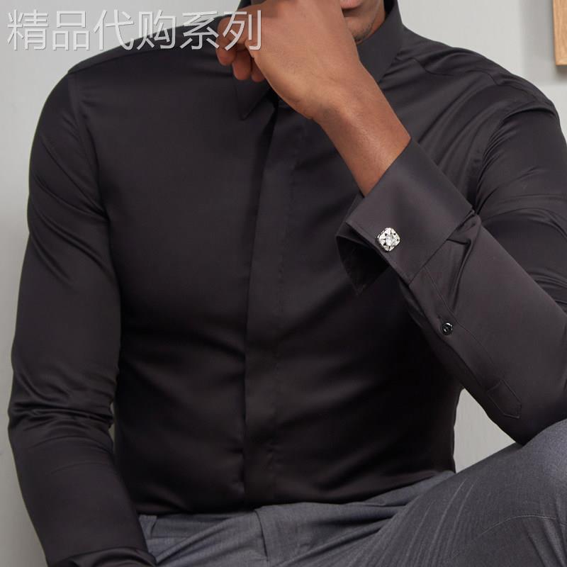 法式衬衫男士轻奢丝光棉长袖商务正装黑色结婚伴郎主持人免熨烫衬