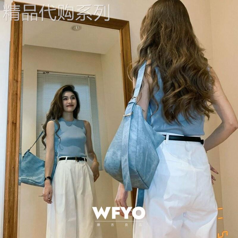 WFYO/蓝色弹力针织吊带背心女2026夏新款外穿短款修身无袖T恤上衣