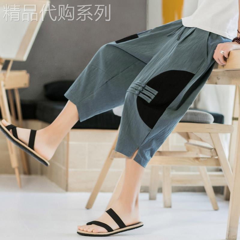 中国风亚麻运动七分裤男夏季薄款宽松大码阔腿裤子潮流棉麻哈伦裤