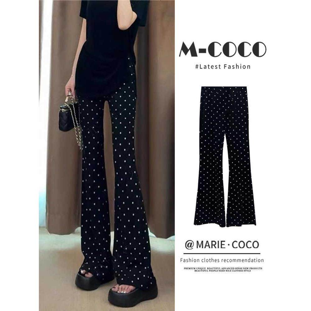 黑色波点微喇叭裤女士运动裤夏季小个子高腰修身马蹄西装休闲长裤