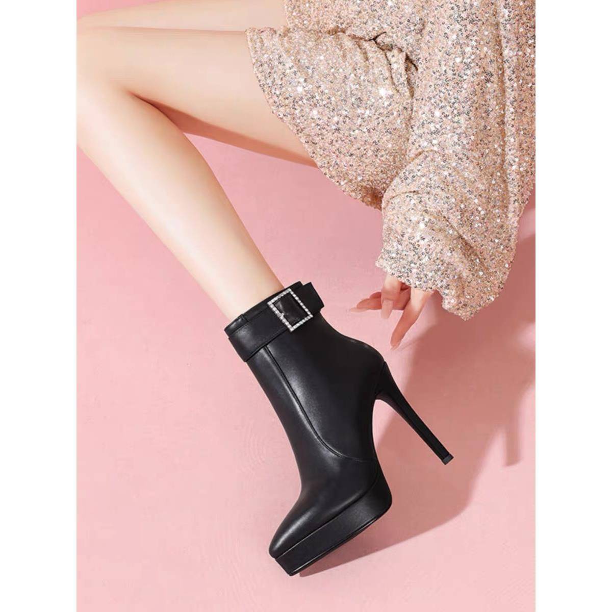 潮牌SW气质尖头超高跟鞋短靴女细跟防水台皮靴厚底恨天高女靴12cm