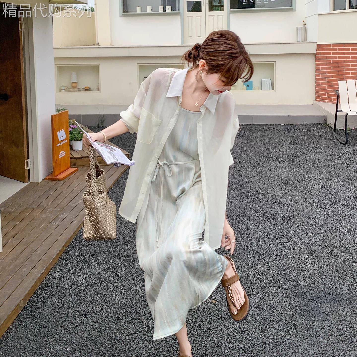 Rouje Moaks设计感吊带洋装套装女夏季防晒衬衫收腰长裙两件套