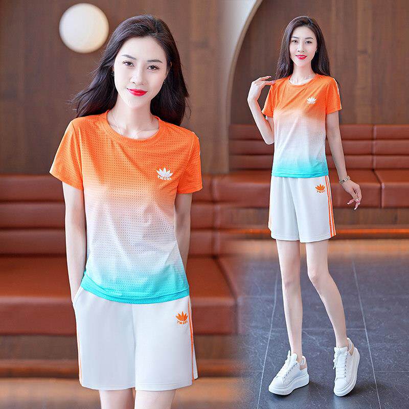 潮牌冰丝速干五分裤运动套装女士2026夏季新款短袖短裤跑步两件套