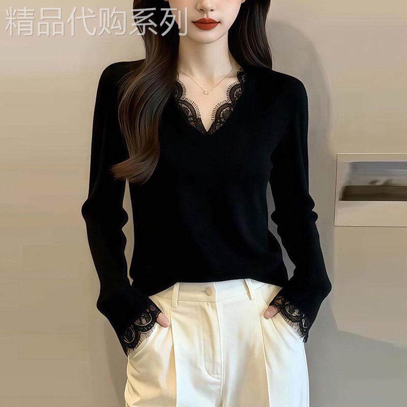 高级感内搭打底衫女秋冬大码胖mm洋气蕾丝修身显瘦v领针织上衣