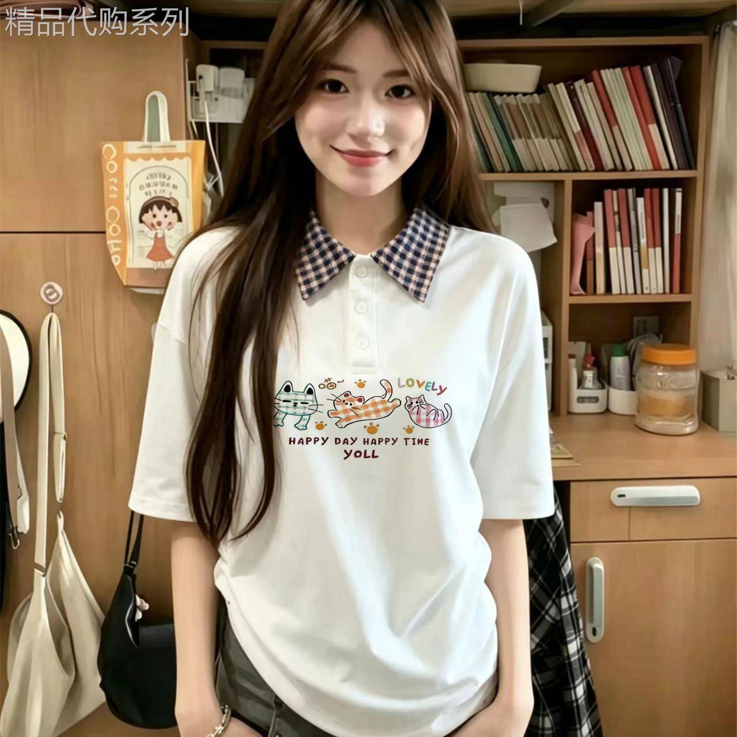 减龄超火polo衫可爱猫咪拼色短袖t恤女2026韩系学院风半袖上衣夏