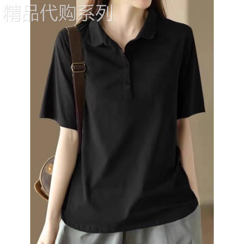 新款POLO领短袖T恤女夏季百搭文艺休闲印花翻领体恤衫上衣女