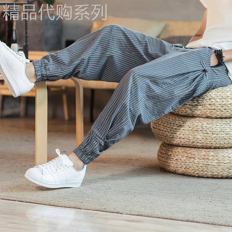 香港亚麻裤男夏季薄款条纹九分裤潮流宽松束脚休闲裤子运动哈伦裤