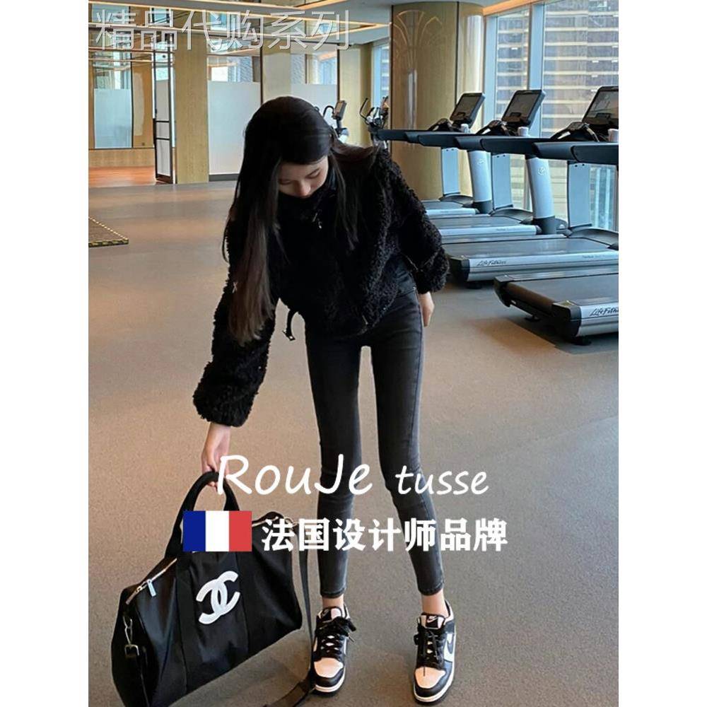 Rouje tusse高腰牛仔裤女大码胖mm显瘦烟灰色修身紧身小脚铅笔裤