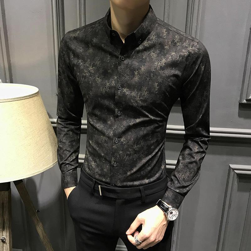 高端轻奢2025新款男士印花衬衫长袖暗花修身秋季休闲碎花衬衣痞帅