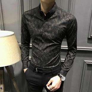 高端轻奢2025新款男士印花衬衫长袖暗花修身秋季休闲碎花衬衣痞帅