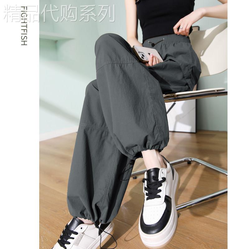 灰色工装裤女夏季薄款2026新款运动裤hiphop裤子潮牌美式降落伞裤