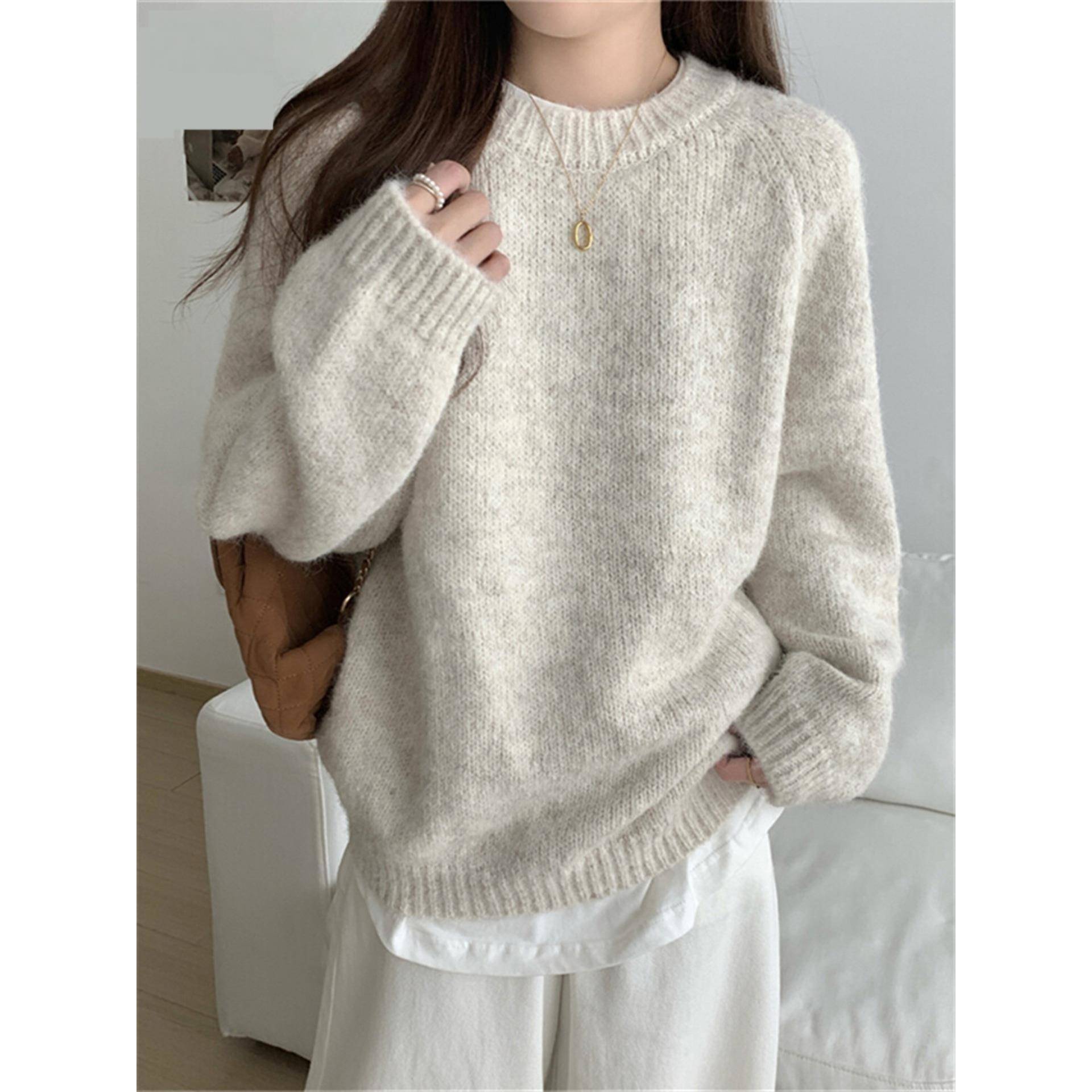 韩国燕麦色毛衣女士秋冬2025新款洋气毛绒上衣针织宽松打底套头衫