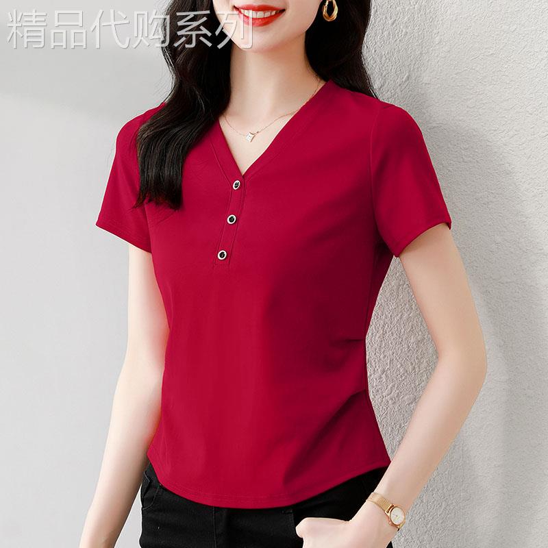 itst专柜V领短袖T恤女夏季新款修身显瘦上衣 正肩设计通勤风纯色