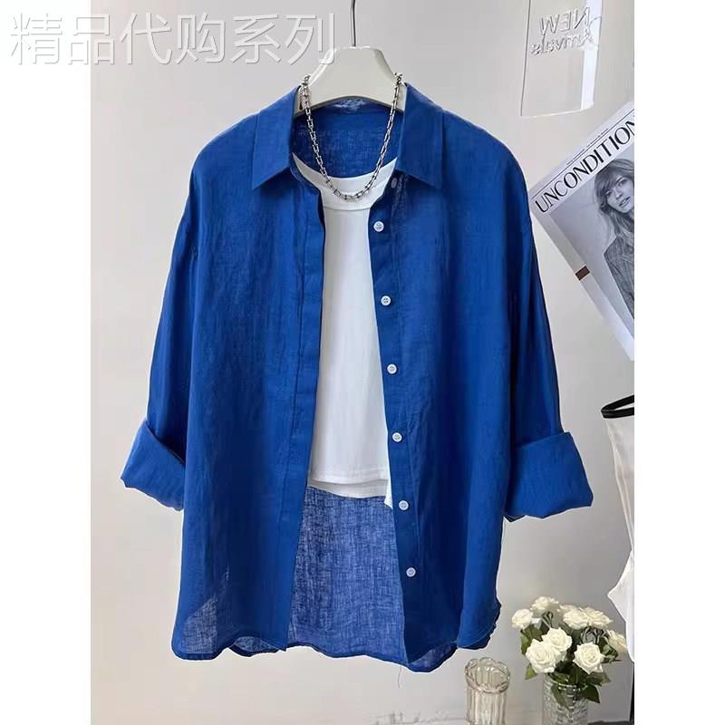 蓝色防晒衬衫女长袖夏季薄款2026新款设计感小众空调开衫亚麻上衣