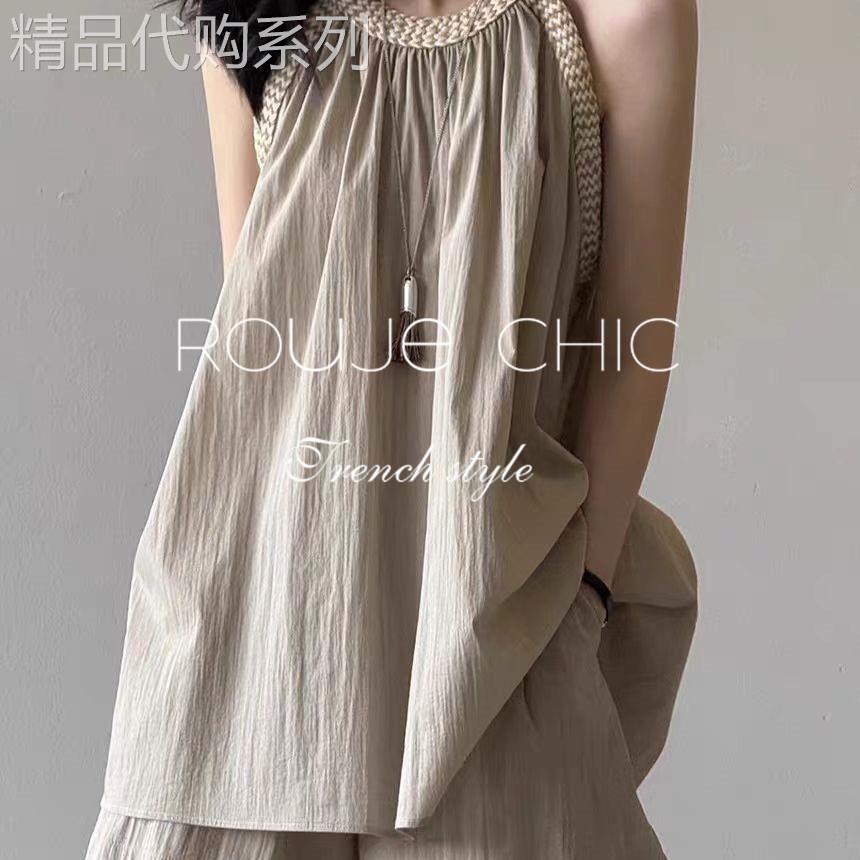 法国rouje chic夏季法式设计感褶挂脖背心衬衫无袖上衣休闲套装女