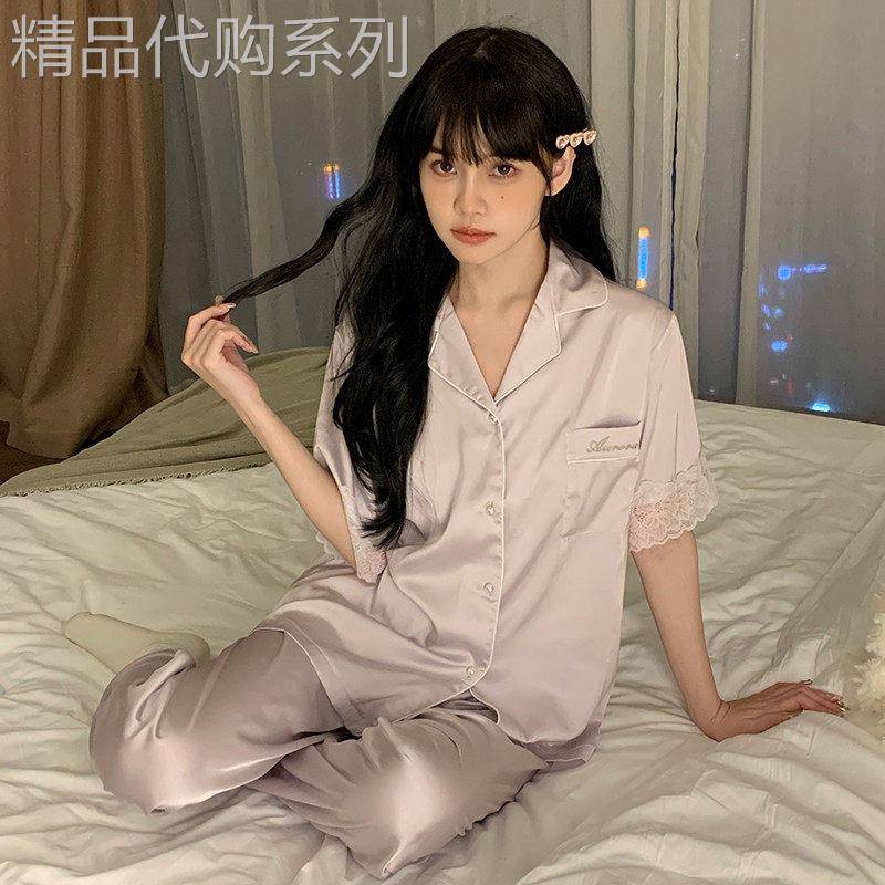 2026女士睡衣夏季薄款真丝短袖长裤三件套夏天桑蚕丝蕾丝家居服女