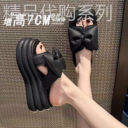 香港真皮厚底增高一字拖鞋女外穿夏2026新款蝴蝶结百搭黑色凉拖鞋