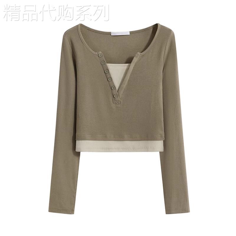 潮牌假两件V领短款T恤女2026年春秋季新款设计感体恤长袖别致上衣