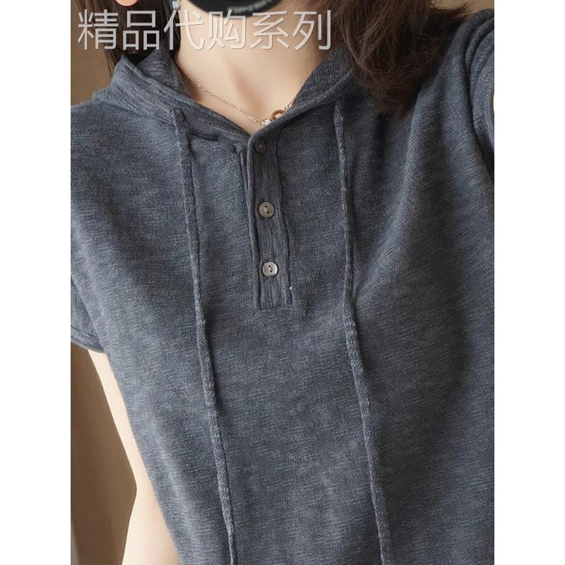 夏季连帽短袖女t恤韩版宽松全棉棉麻V领帽衫针织打底衫上衣薄