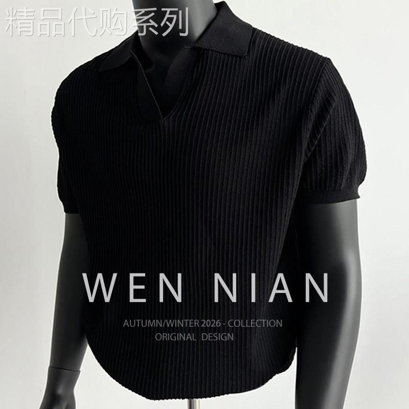 韩国WEN NIAN老钱风针织短袖polo衫男士2026夏季短款t恤坑条半袖