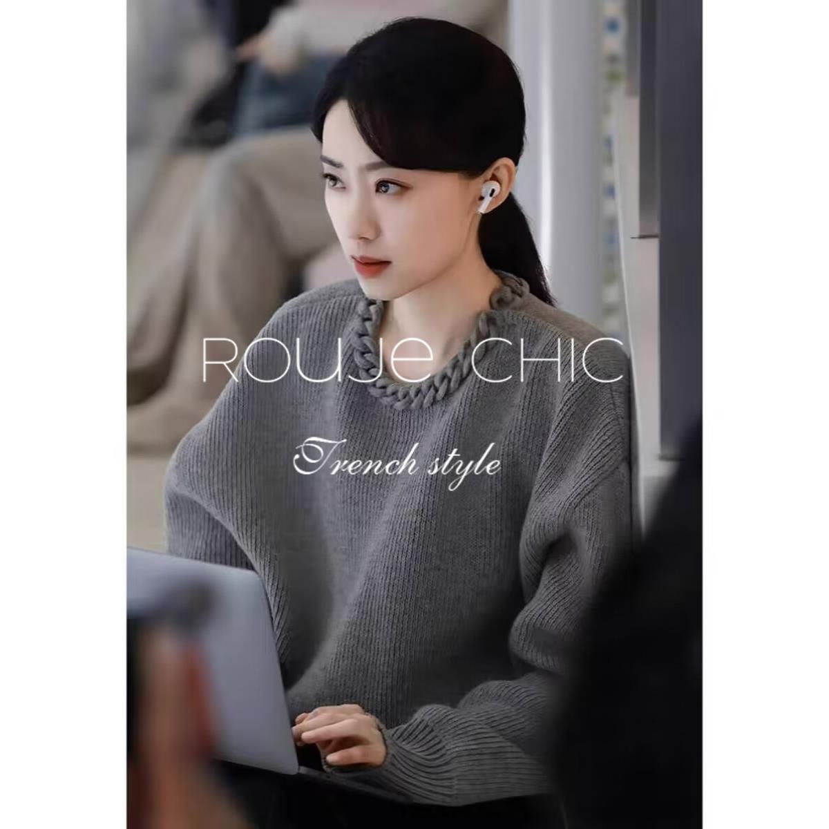 法国Rouje Chic明星同款灰色麻花领套头针织衫毛衣女秋冬高级上衣