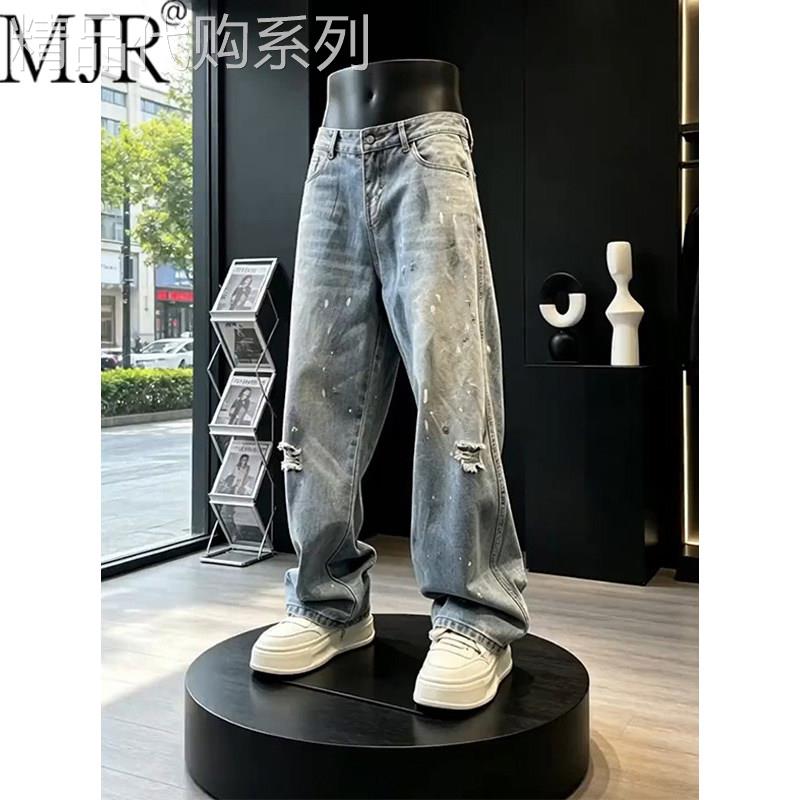潮牌美式弯刀裤男款2026年夏季新款男裤水洗做旧直筒阔腿裤破洞裤