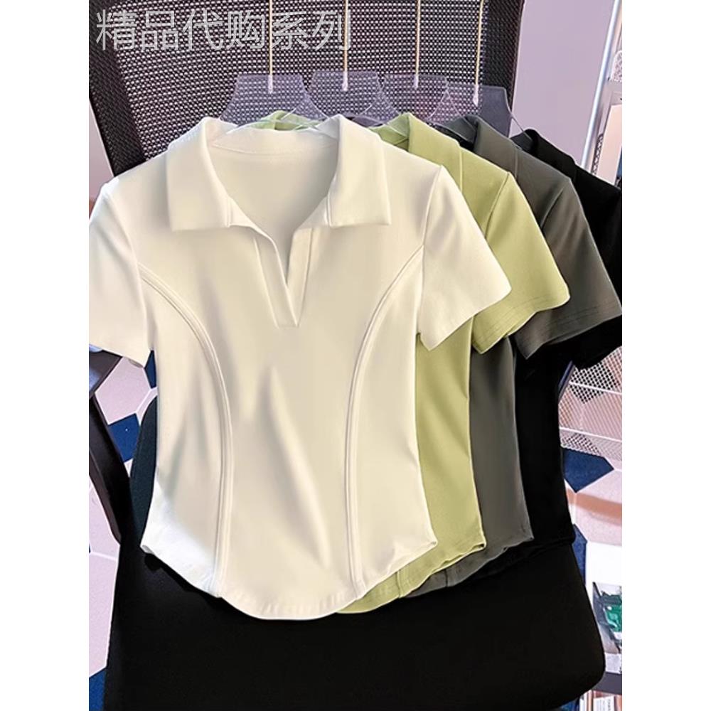 专柜polo领正肩短袖t恤女夏季翻领鱼骨收腰短款体恤高端半袖上衣