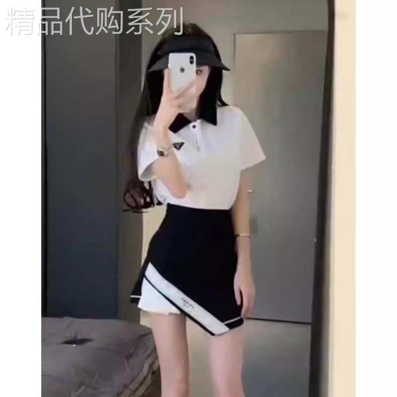 撞色polo衫女夏季欧货短款T恤翻领上衣不规则高腰a字包臀短裙套装
