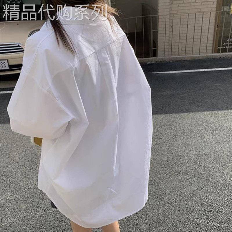 潮牌春秋新款港味宽松中长版白色衬衫女薄款防晒上衣oversize衬衫