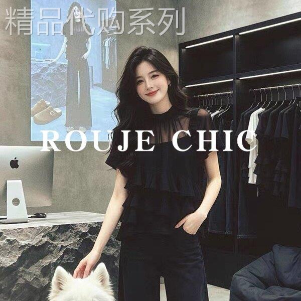 法国rouje chic法式轻熟风黑色荷叶边衬衫女夏季小众透视拼接上衣