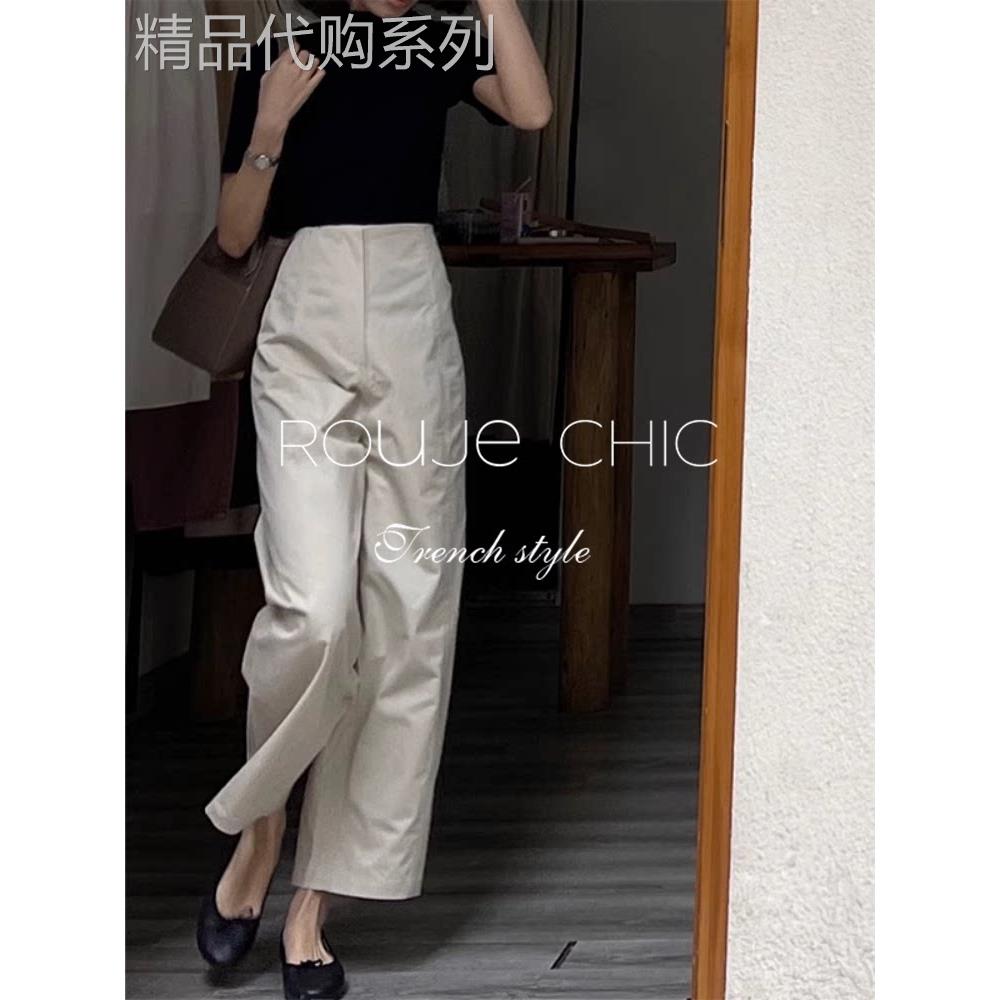 法国rouje chic白色高腰窄版休闲直筒阔腿裤女夏季坠感九分西装裤
