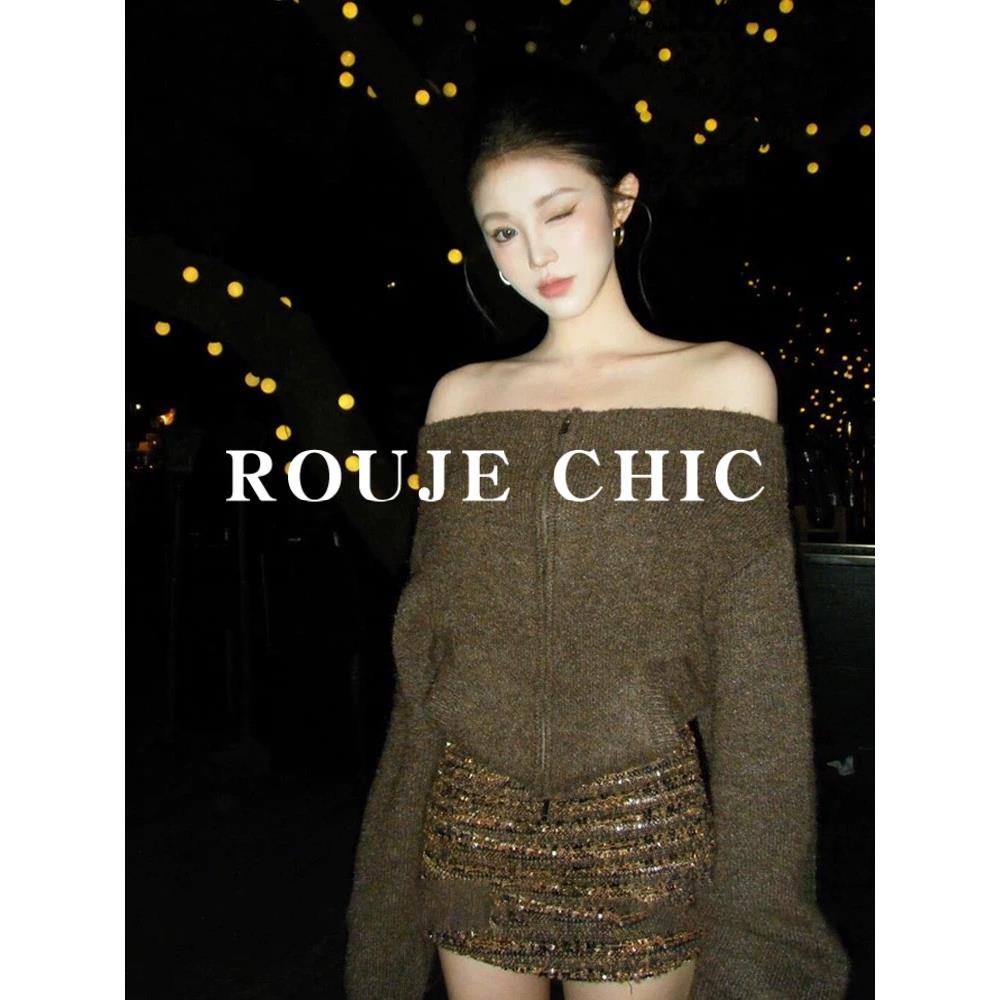 法国rouje chic法式覆古拉炼一字肩套头毛衣女早秋小众短款针织衫