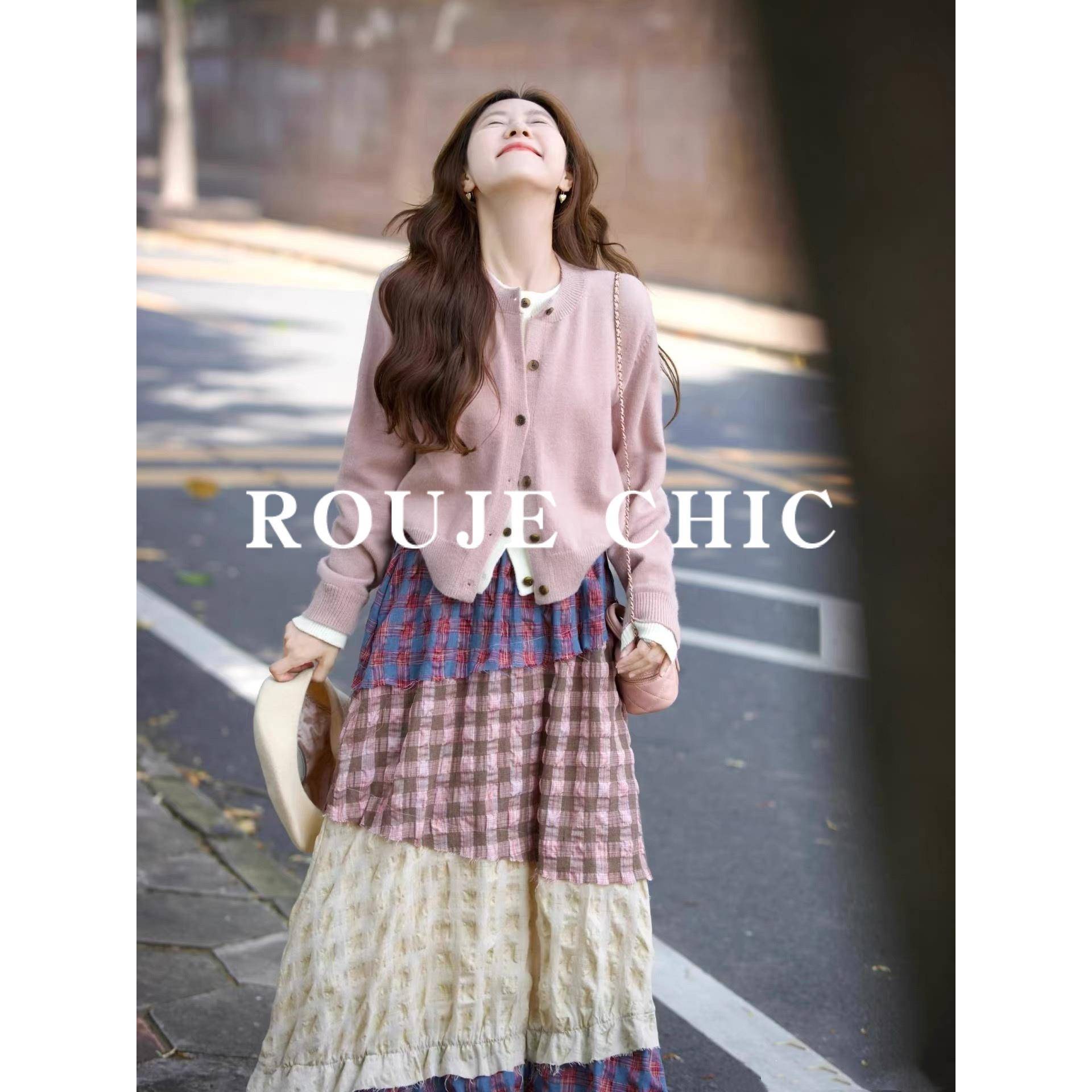 法国rouje chic法式粉色假两件叠穿毛衣女气质显白秋冬针织衫外套