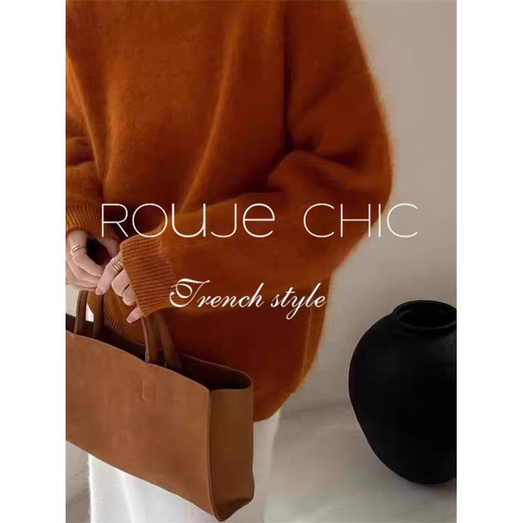 法国rouje chic冬季法式南瓜橘色加厚针织衫羊毛慵懒风宽松毛衣女