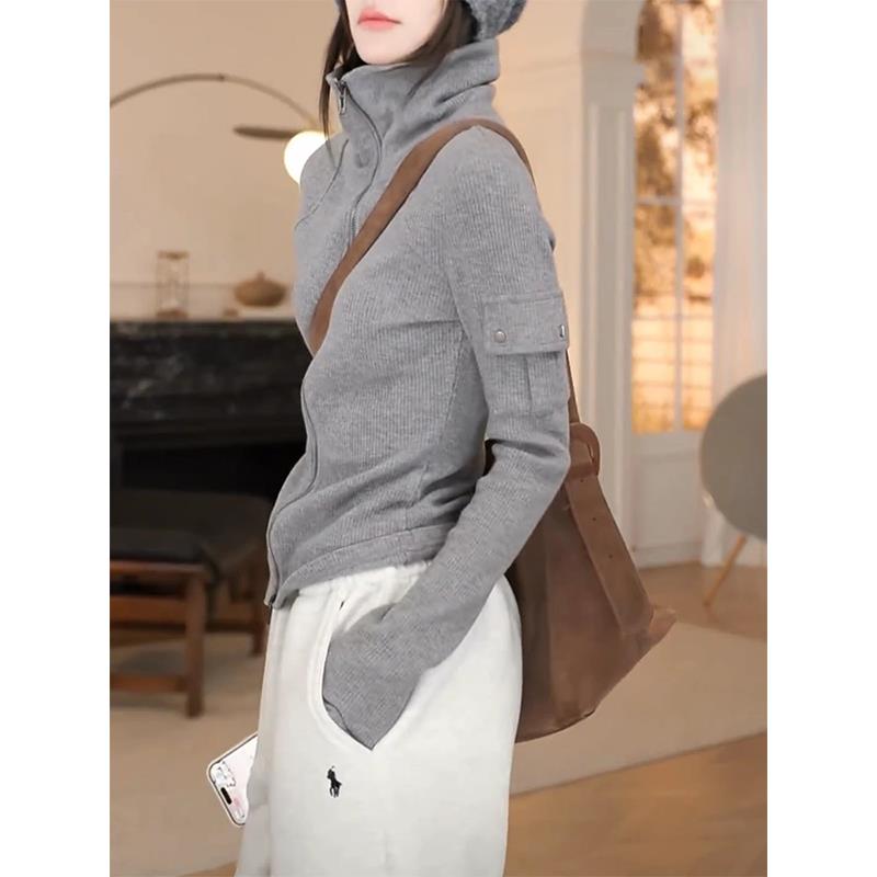 2025春秋新款连帽针织开衫女休闲复古高领毛衣双拉链灰色帽衫外套