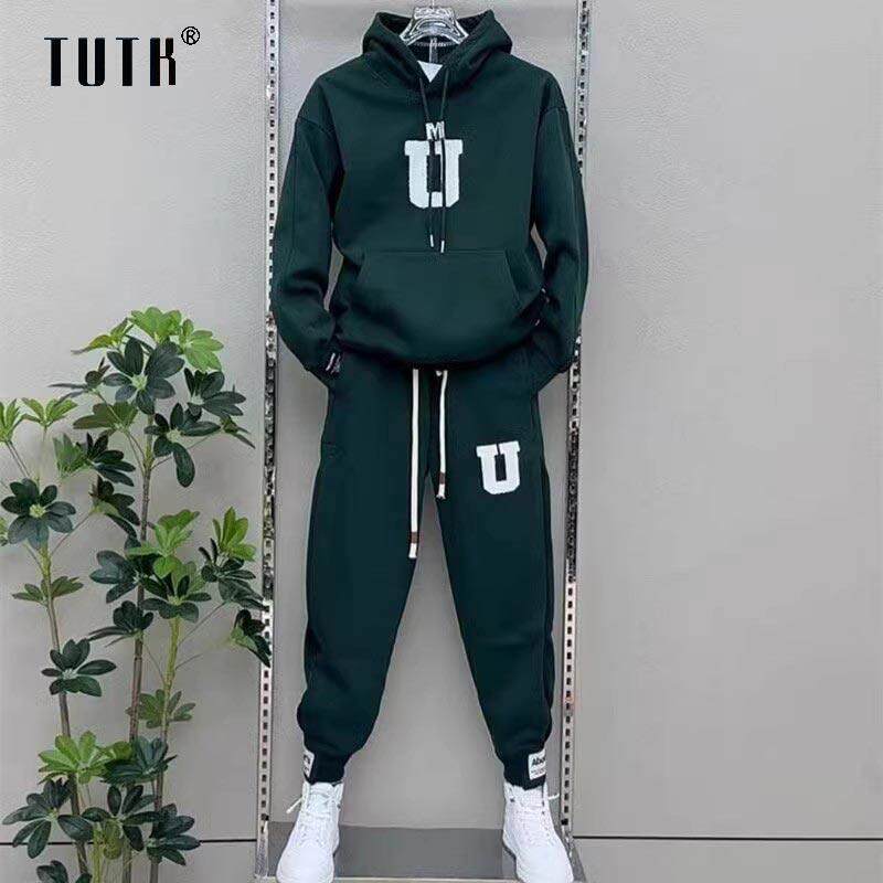 休闲运动服套装男士春秋季高级感潮牌宽松连帽印花卫衣卫裤两件套
