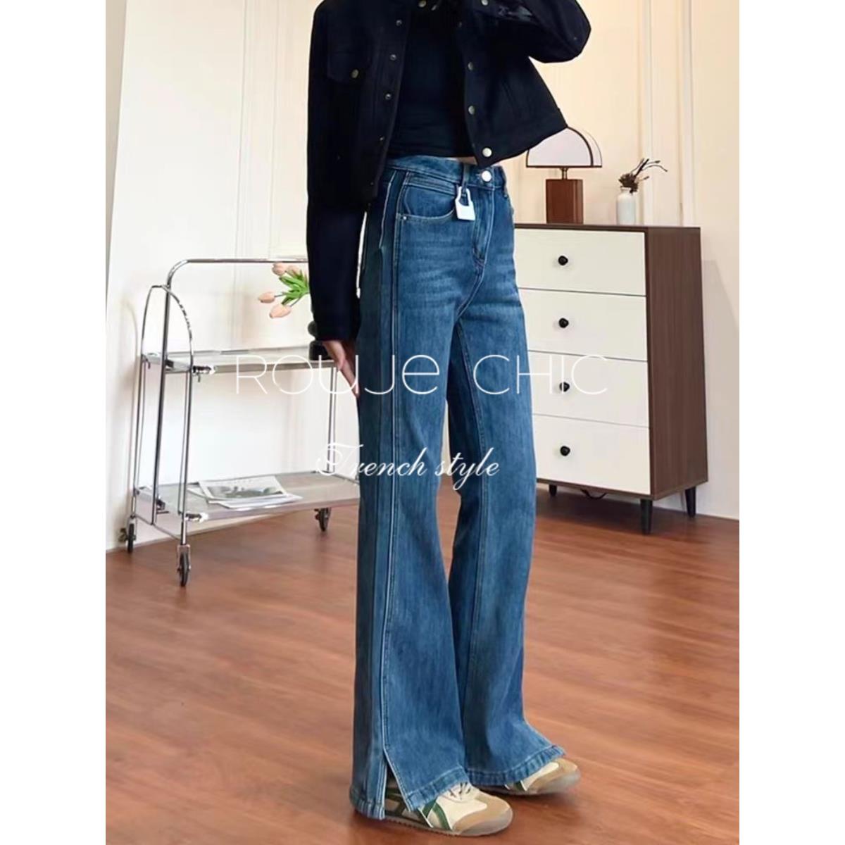 法国rouje chic法式覆古风加绒开叉显瘦牛仔裤女春季高腰小众长裤