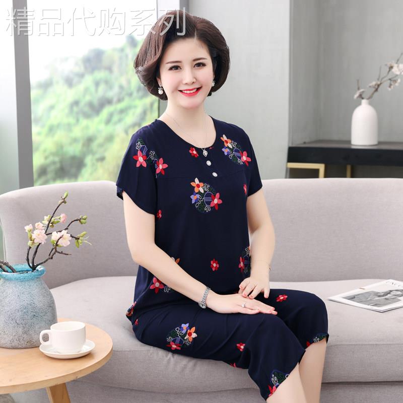 妈妈棉绸睡衣套装女中老年宽松短袖绵绸可外穿两件套夏季家居服