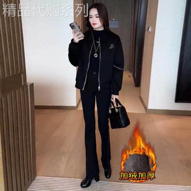 黑色圆领休闲外套女夹克2026秋冬新款宽松加厚加绒棒球服开衫女装